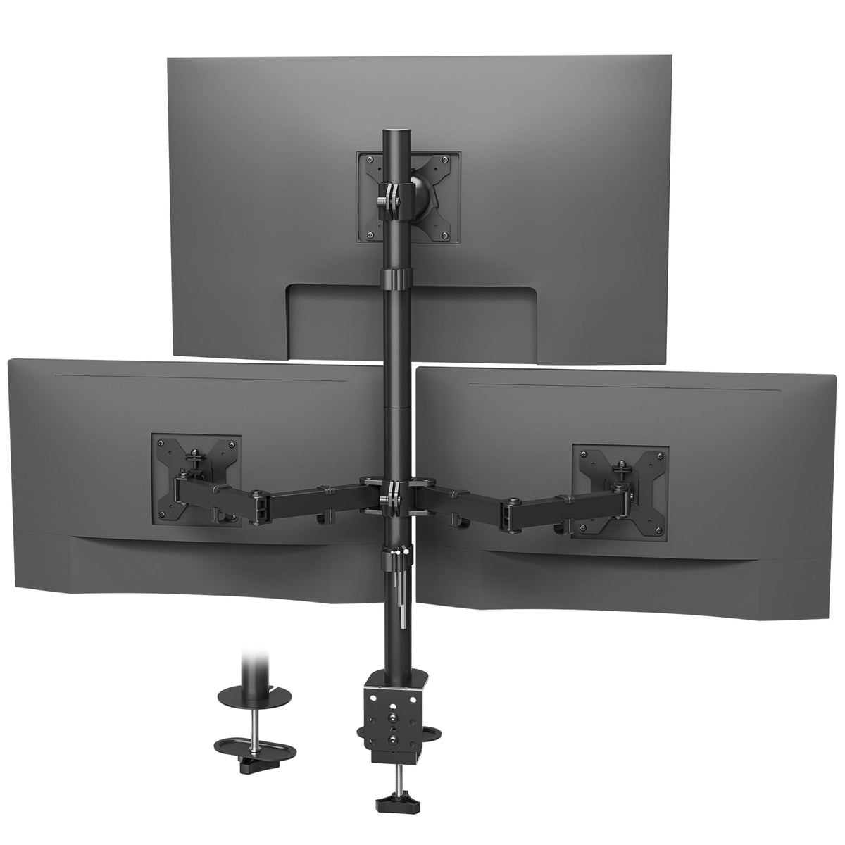 BONTEC Dreifach-Monitorhalterung für einen 32-Zoll-Bildschirm und zwei 27-Zoll-Bildschirme, bis zu 10 kg Tragkraft, mit voller Bewegungsfreiheit, zwei Installationsoptionen und integriertem Kabelmanagement
