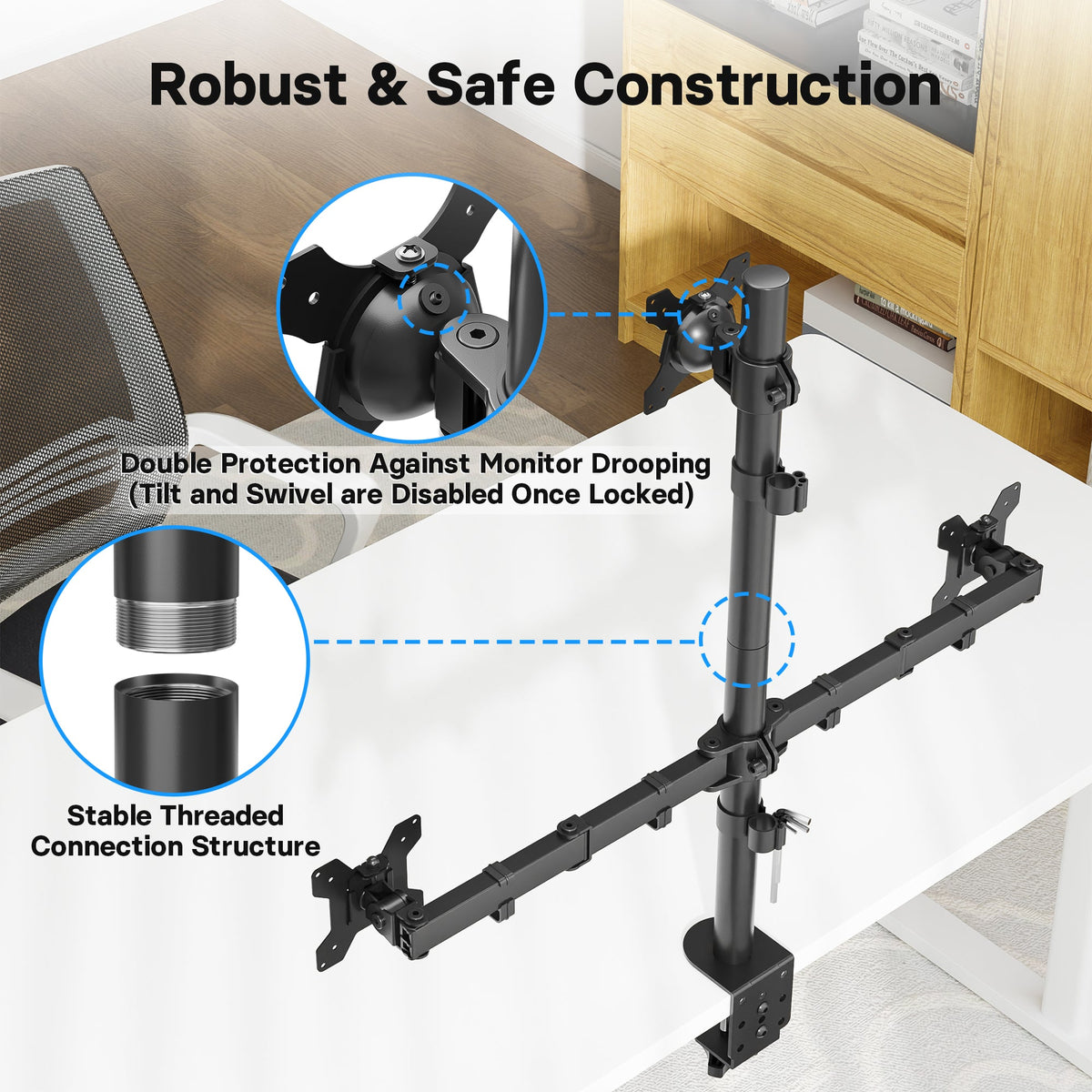 BONTEC Dreifach-Monitorhalterung für einen 32-Zoll-Bildschirm und zwei 27-Zoll-Bildschirme, bis zu 10 kg Tragkraft, mit voller Bewegungsfreiheit, zwei Installationsoptionen und integriertem Kabelmanagement