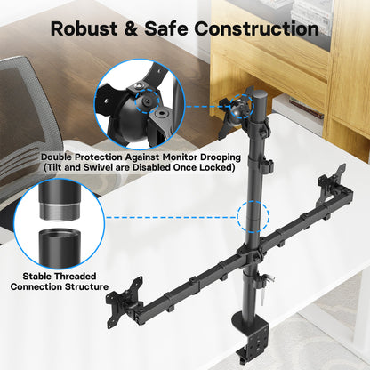 BONTEC Dreifach-Monitorhalterung für einen 32-Zoll-Bildschirm und zwei 27-Zoll-Bildschirme, bis zu 10 kg Tragkraft, mit voller Bewegungsfreiheit, zwei Installationsoptionen und integriertem Kabelmanagement