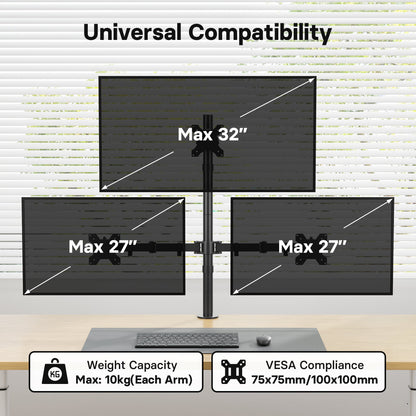 BONTEC Dreifach-Monitorhalterung für einen 32-Zoll-Bildschirm und zwei 27-Zoll-Bildschirme, bis zu 10 kg Tragkraft, mit voller Bewegungsfreiheit, zwei Installationsoptionen und integriertem Kabelmanagement