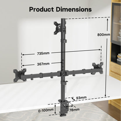 BONTEC Dreifach-Monitorhalterung für einen 32-Zoll-Bildschirm und zwei 27-Zoll-Bildschirme, bis zu 10 kg Tragkraft, mit voller Bewegungsfreiheit, zwei Installationsoptionen und integriertem Kabelmanagement
