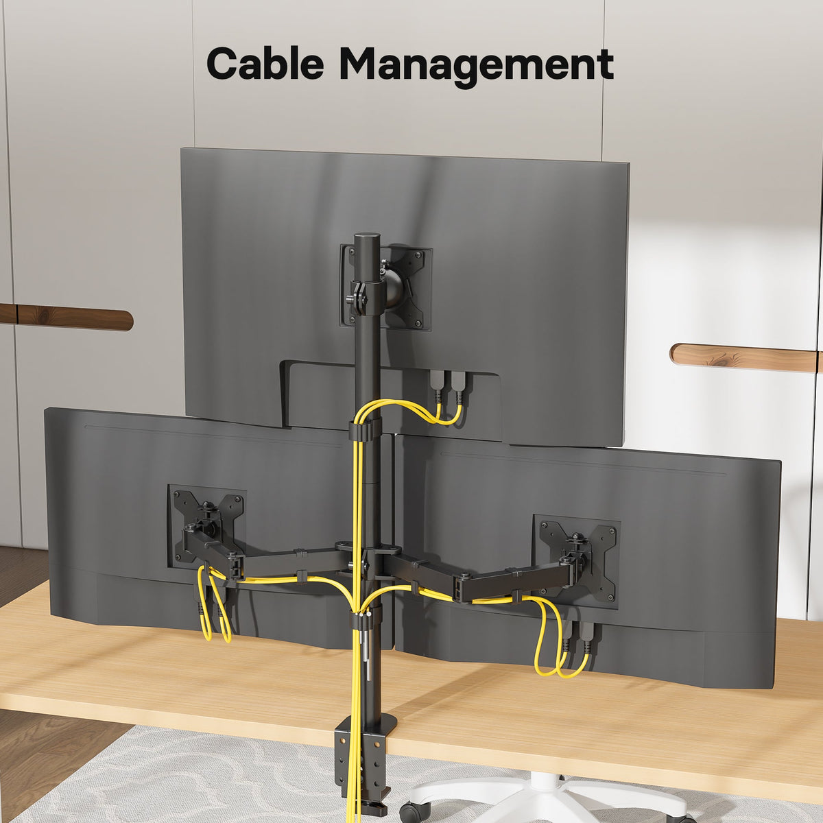 BONTEC Dreifach-Monitorhalterung für einen 32-Zoll-Bildschirm und zwei 27-Zoll-Bildschirme, bis zu 10 kg Tragkraft, mit voller Bewegungsfreiheit, zwei Installationsoptionen und integriertem Kabelmanagement