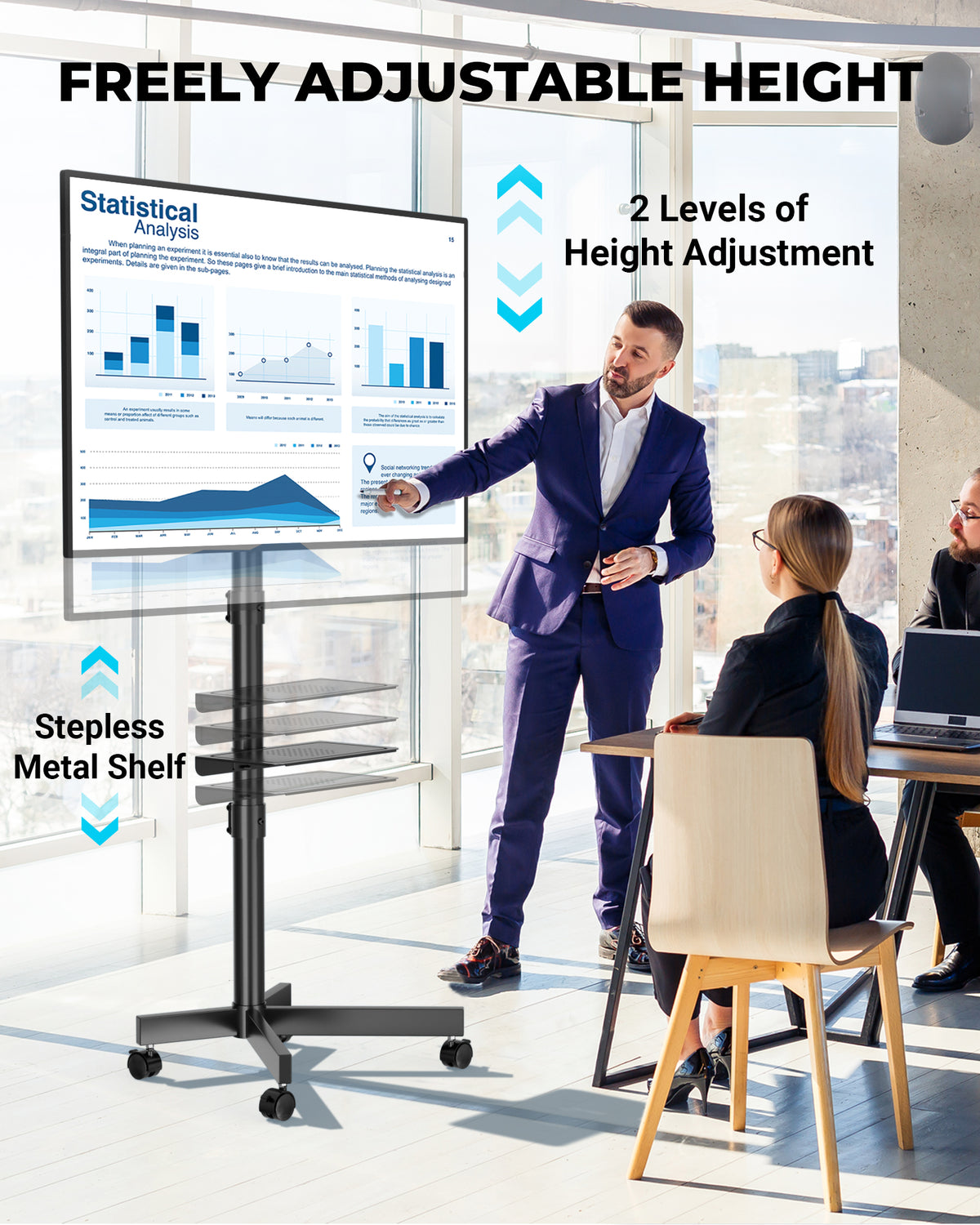 BONTEC Mobiler TV-Ständer auf Rollen, Rollbarer TV-Wagen mit Medienablage, TV-Halterung mit Neigungsfunktion, 2-stufig höhenverstellbares Low-Profile-Design für 23–60 Zoll LED/LCD/OLED Fernseher, Belastbar bis 40 kg, Max. VESA 400x400mm