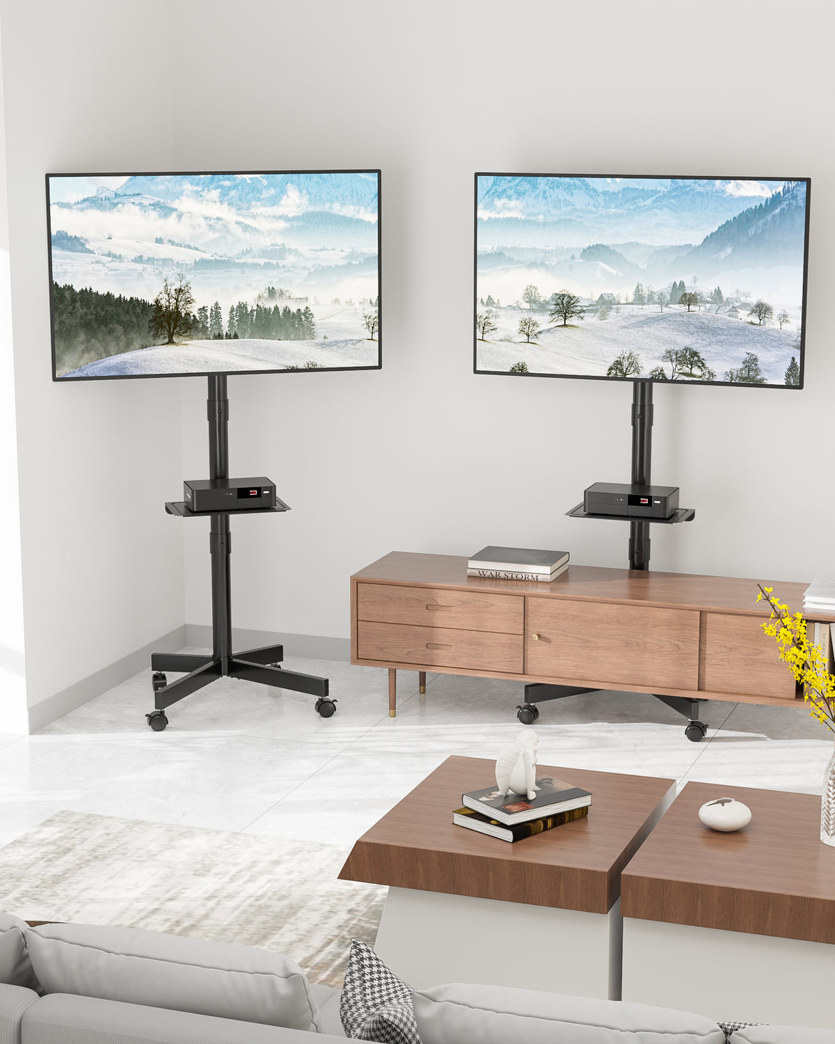 BONTEC Mobiler TV-Ständer auf Rollen, Rollbarer TV-Wagen mit Medienablage, TV-Halterung mit Neigungsfunktion, 2-stufig höhenverstellbares Low-Profile-Design für 23–60 Zoll LED/LCD/OLED Fernseher, Belastbar bis 40 kg, Max. VESA 400x400mm
