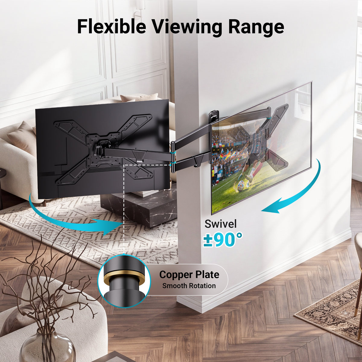 BONTEC Universal TV-Wandhalterung, voll beweglich, für 32 bis 75 Zoll Smart-TVs, 838 mm extra langer Arm für Eckmontage, Drehung von Quer- zu Hochformat, schwenk- und neigbar, 50 kg Tragkraft, max. VESA 600x400 mm