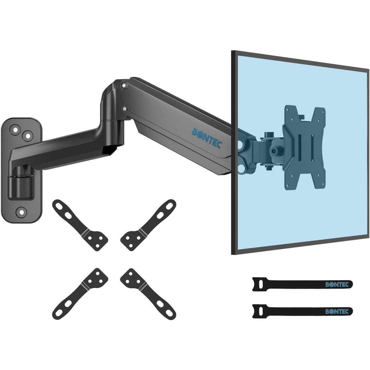 BONTEC Monitor Wandhalterung für 13-42 Zoll Bildschirme, Gasfeder Monitor Arm Wand hält bis zu 8kg, Verstellbare Neigung Schwenkbar Wand Monitor Halterung, Einzelarm mit VESA Erweiterungs-Kit passend für VESA 75/100/200