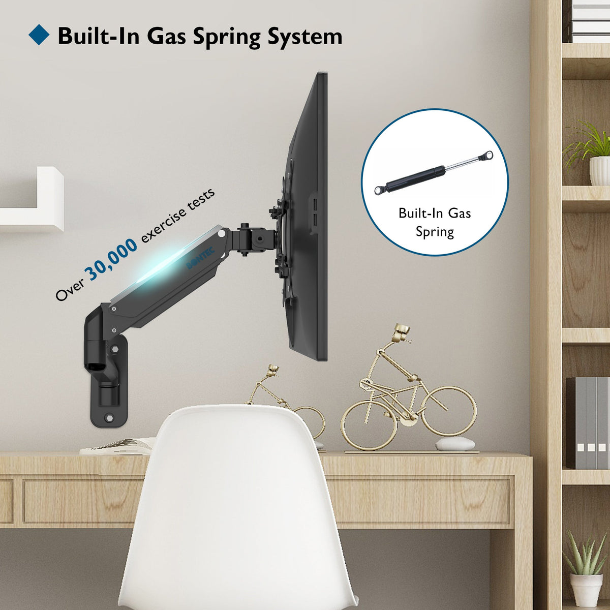 BONTEC Monitor Wandhalterung für 13-42 Zoll Bildschirme, Gasfeder Monitor Arm Wand hält bis zu 8kg, Verstellbare Neigung Schwenkbar Wand Monitor Halterung, Einzelarm mit VESA Erweiterungs-Kit passend für VESA 75/100/200