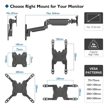 BONTEC Monitor Wandhalterung für 13-42 Zoll Bildschirme, Gasfeder Monitor Arm Wand hält bis zu 8kg, Verstellbare Neigung Schwenkbar Wand Monitor Halterung, Einzelarm mit VESA Erweiterungs-Kit passend für VESA 75/100/200