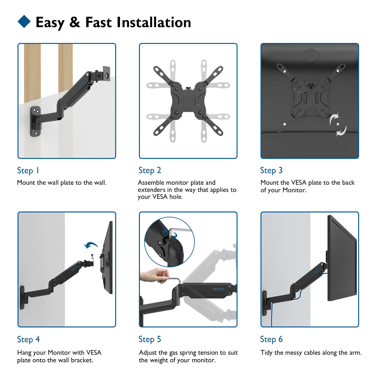 BONTEC Monitor Wandhalterung für 13-42 Zoll Bildschirme, Gasfeder Monitor Arm Wand hält bis zu 8kg, Verstellbare Neigung Schwenkbar Wand Monitor Halterung, Einzelarm mit VESA Erweiterungs-Kit passend für VESA 75/100/200